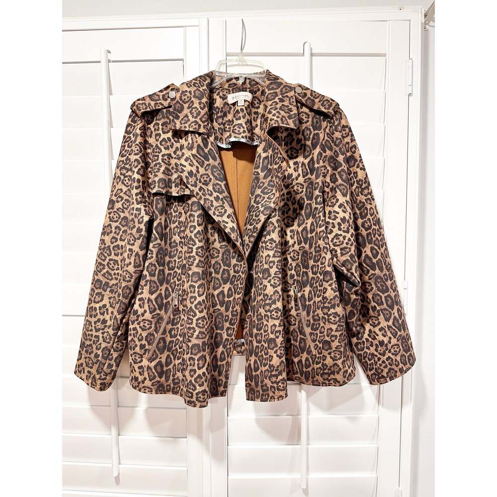 Philosophy Republic Clothing Leopard Print Faux Leather Moto Jacket 2X Plus Size